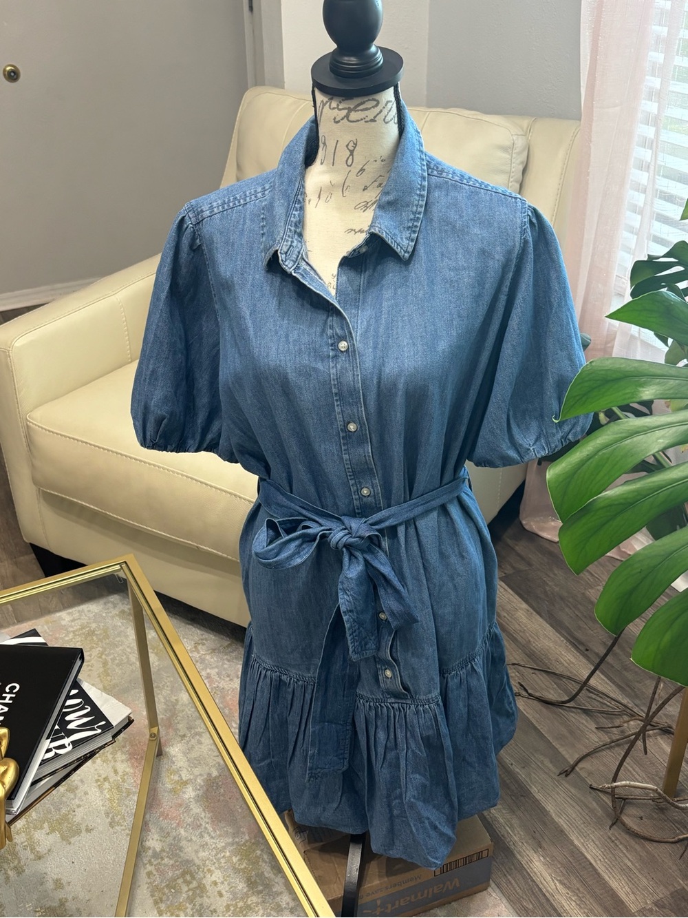 Blue Denim Shirt Dress with Tie Waist